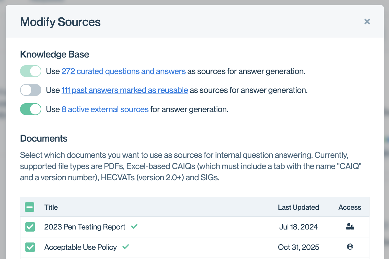 Answer Sources modal showing External Sources toggle switch for enabling or disabling