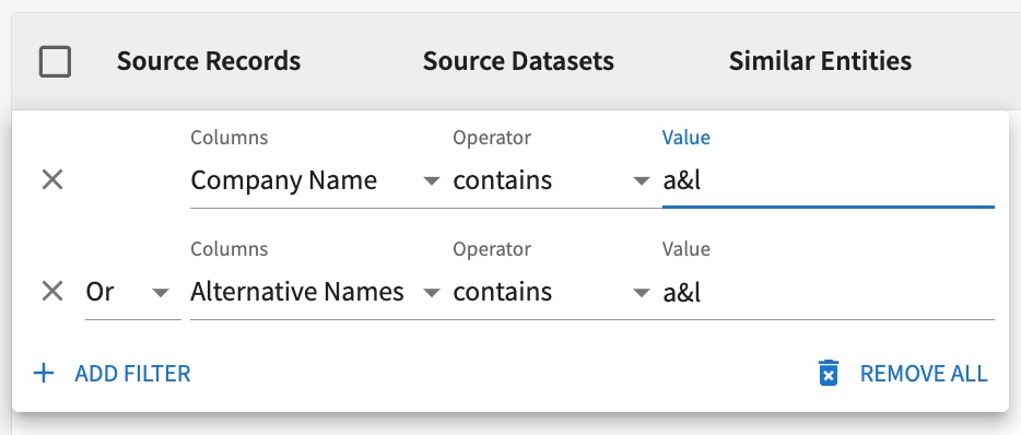 Table data is filtered to entities in which the "Company Name" field contains "a & l" OR the "Alternative Names" field contains "a&l". Filtering is case-insensitive.