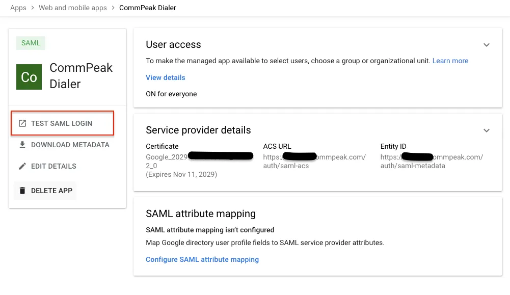 Screenshot of SAML login configuration with the test button highlighted