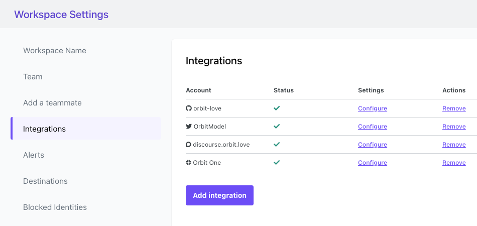 integrations.png Integrations panel under Workspace Settings