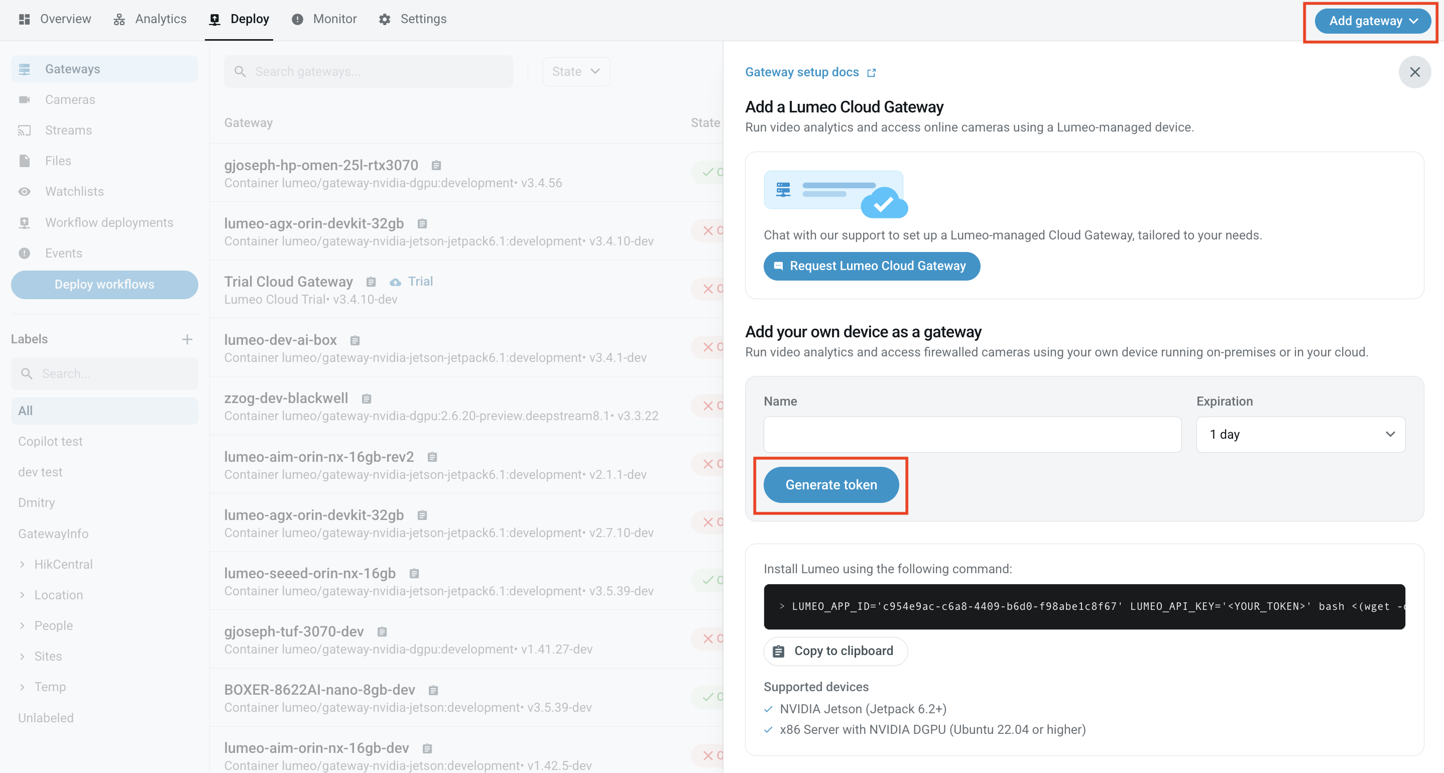 Go to Deploy -> Add Gateway -> Generate single-use token