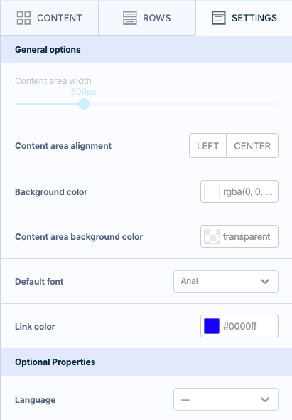 Screenshot of the Settings tab in the Visual builder