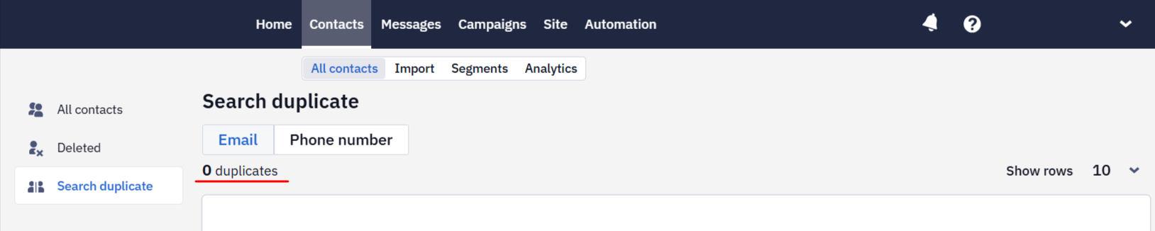 Number of duplicate contacts displayed above the list