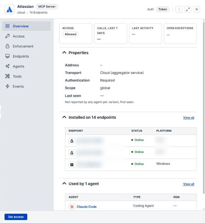 The MCP server details panel open on the Overview tab, showing the Access, Calls, Last activity, and Open exceptions tiles above the Properties section