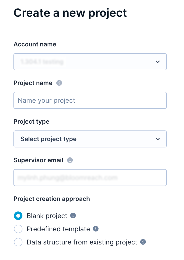 New project setup screen showing Blank Project, Predefined Template, and Data structure from existing project options.