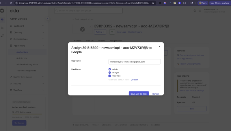 Okta assignment dialog for setting the RoleName values for the user