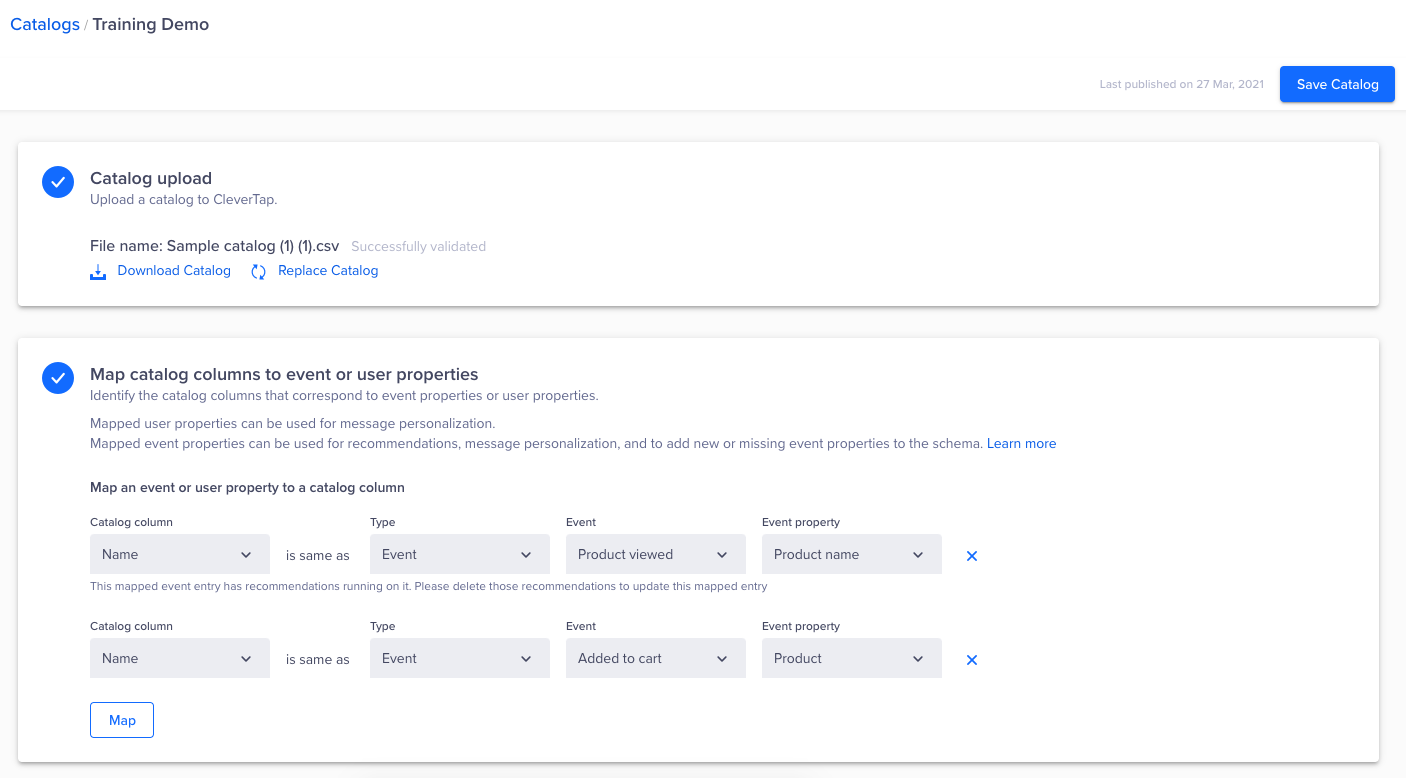 A prompt displays from where you need to click Map to map the columns of your uploaded Product Catalog