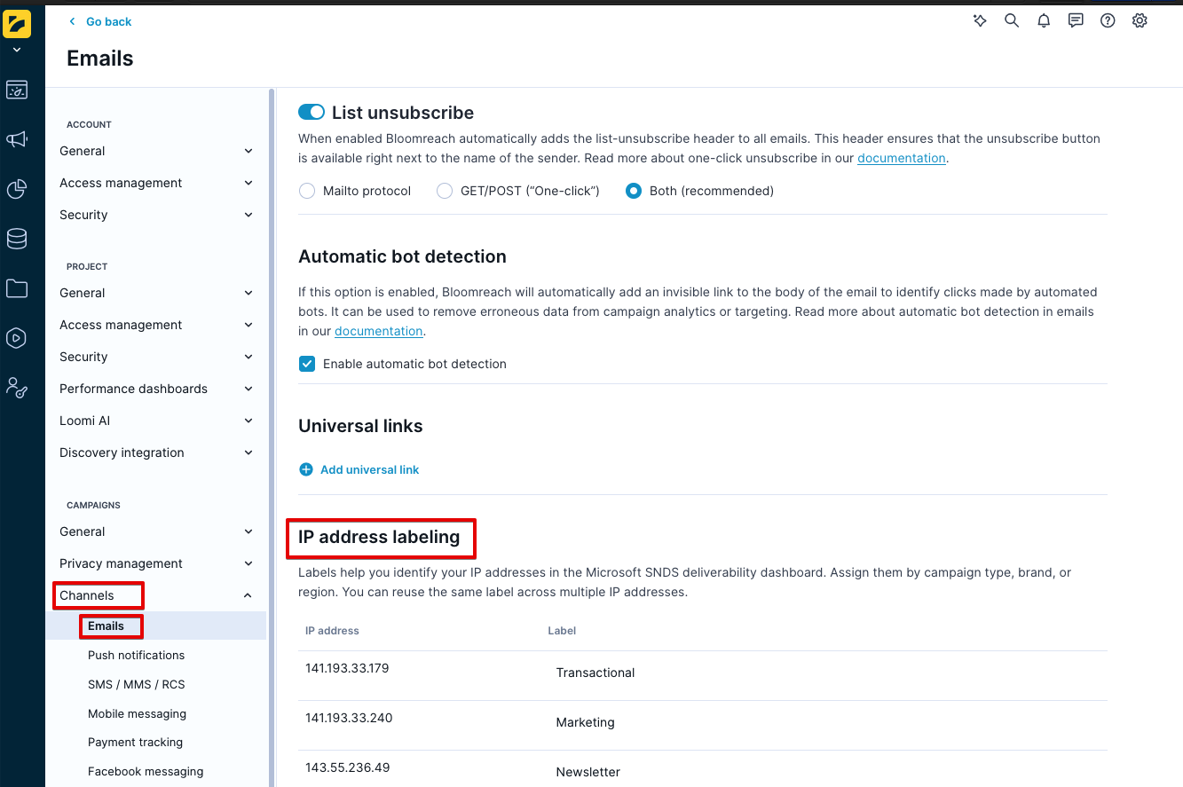 Project settings Emails page showing the IP address labeling section with three labeled IPs.