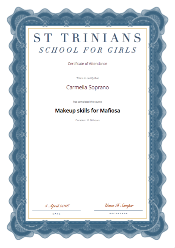 Figure 443. A sample Certificate of Attendance printed with a custom background