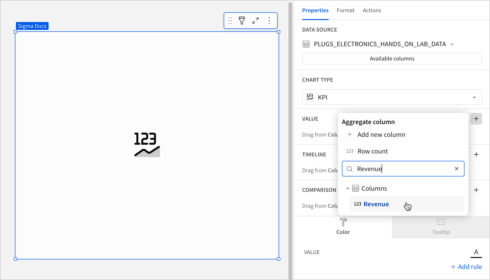 A workbook with a blank KPI chart and the Aggregate column popover open, showing "Revenue" typed in the search box with the cursor hovering over the one matching column result.