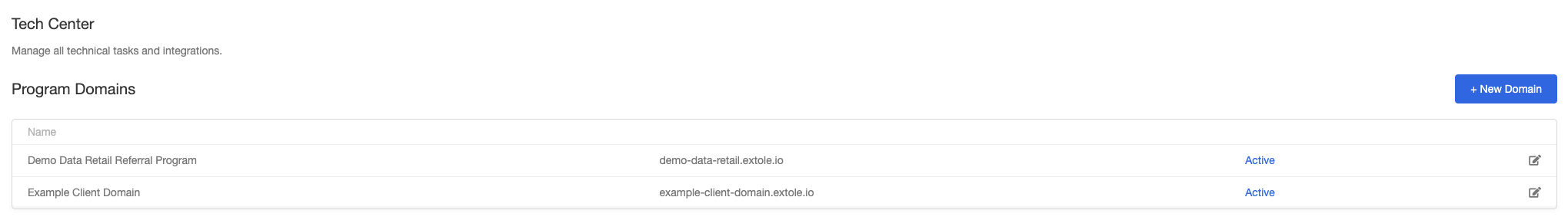 Copy your branded program domain in the Extole Tech Center