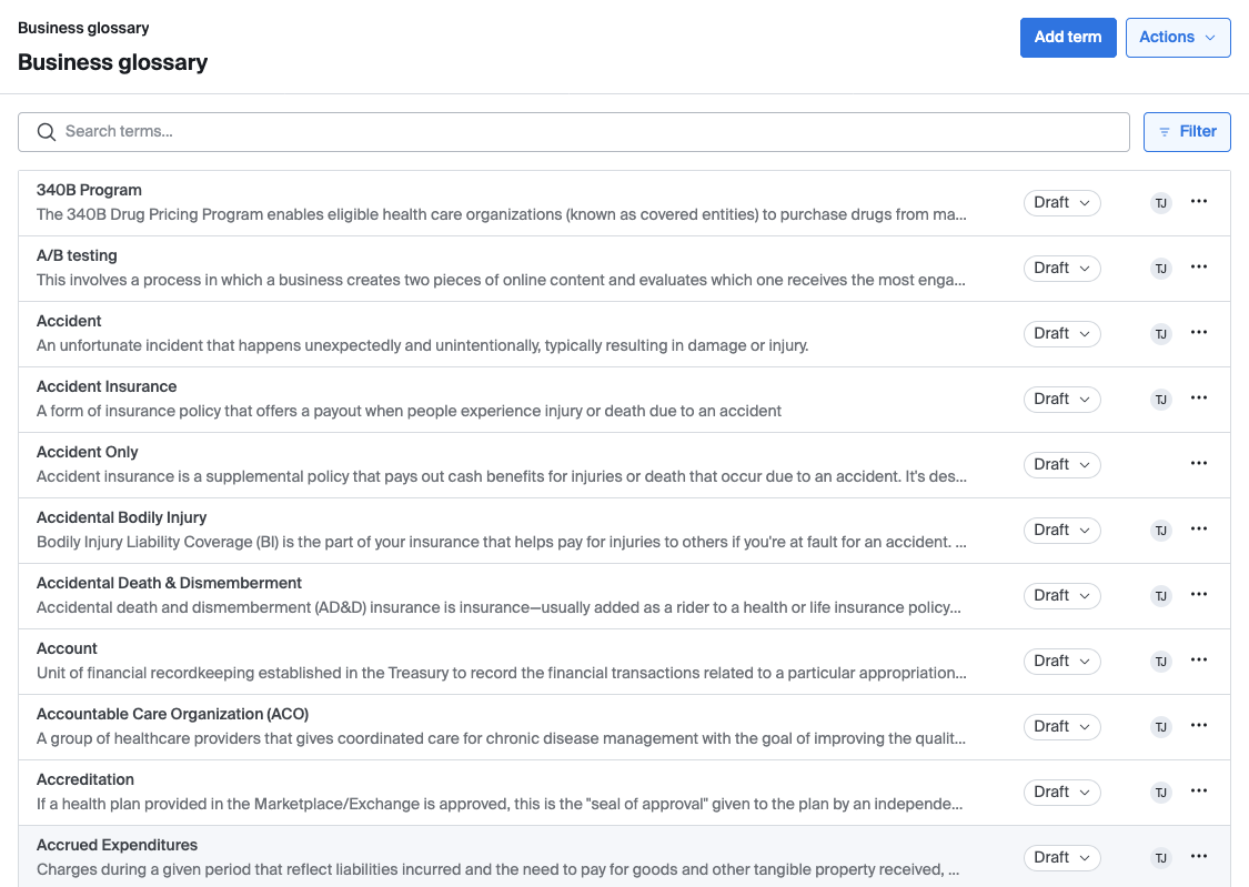 Glossary list page — populated, showing Term/Description/Status/Owner columns, Add term button, search box and filter