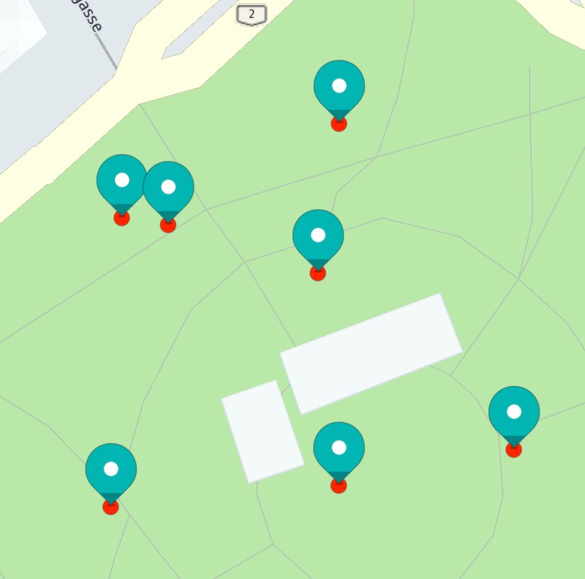 Screenshot: Showing randomly placed map markers. The red map circle marks the anchored location of the marker.