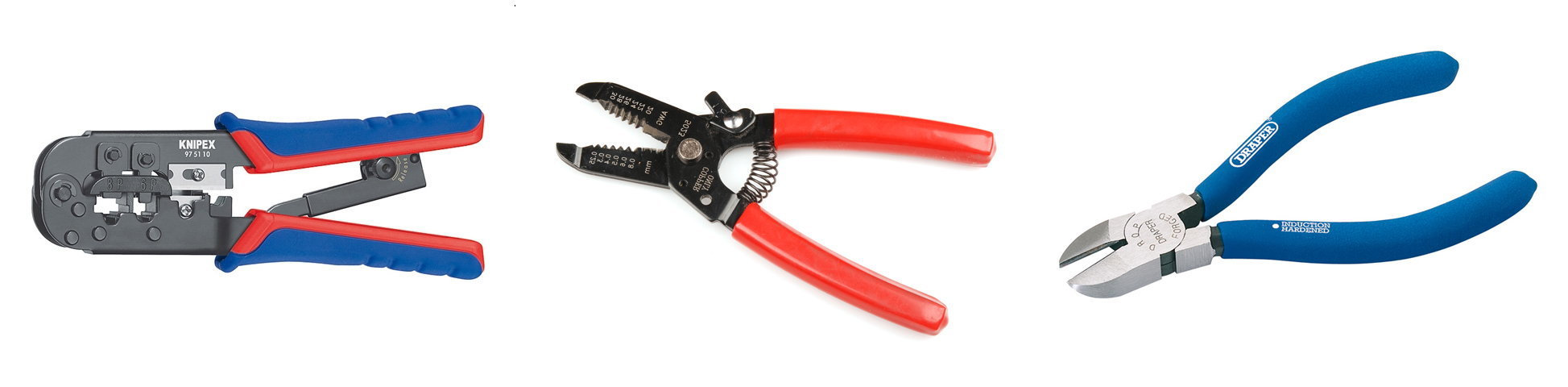 Crimping pliers (left), wire stripper (center) and side-cutters (right).