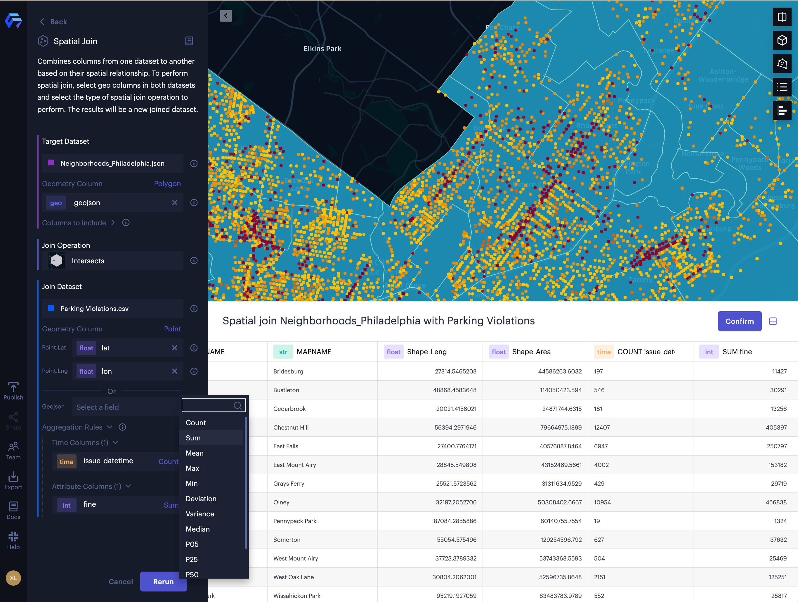 Spatial join the parking infractions data with 157 neighborhoods in Philadelphia.