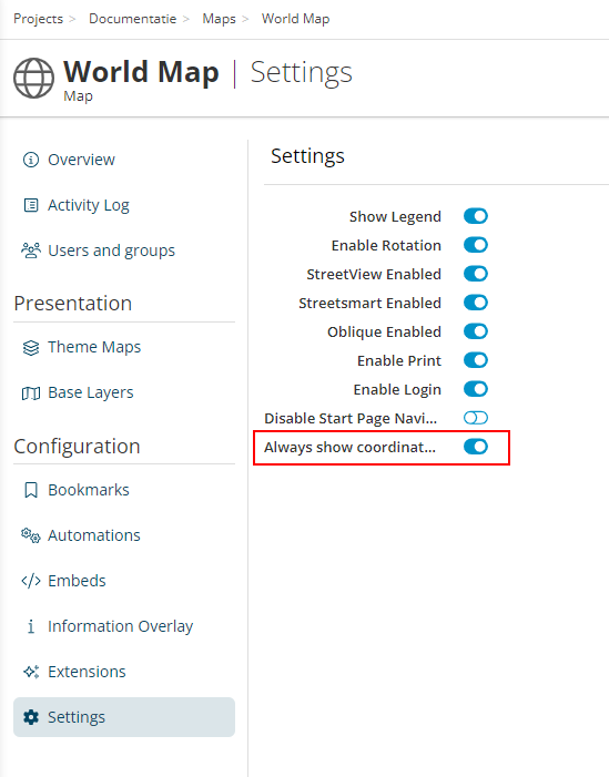 Figuur 2 - Inschakelen ' always show coordinates'  in beheeromgeving.