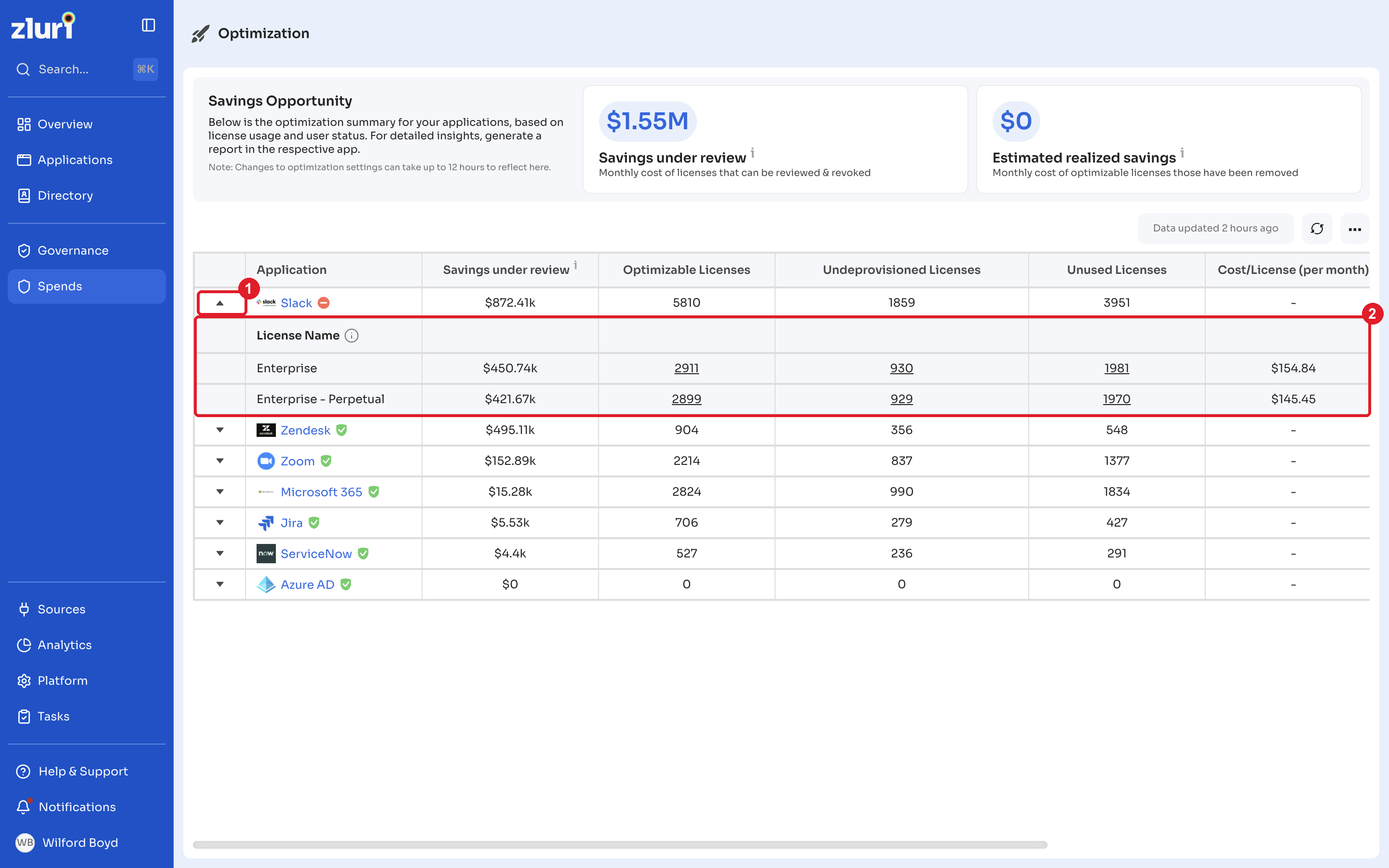 An application row expanded to show its licenses