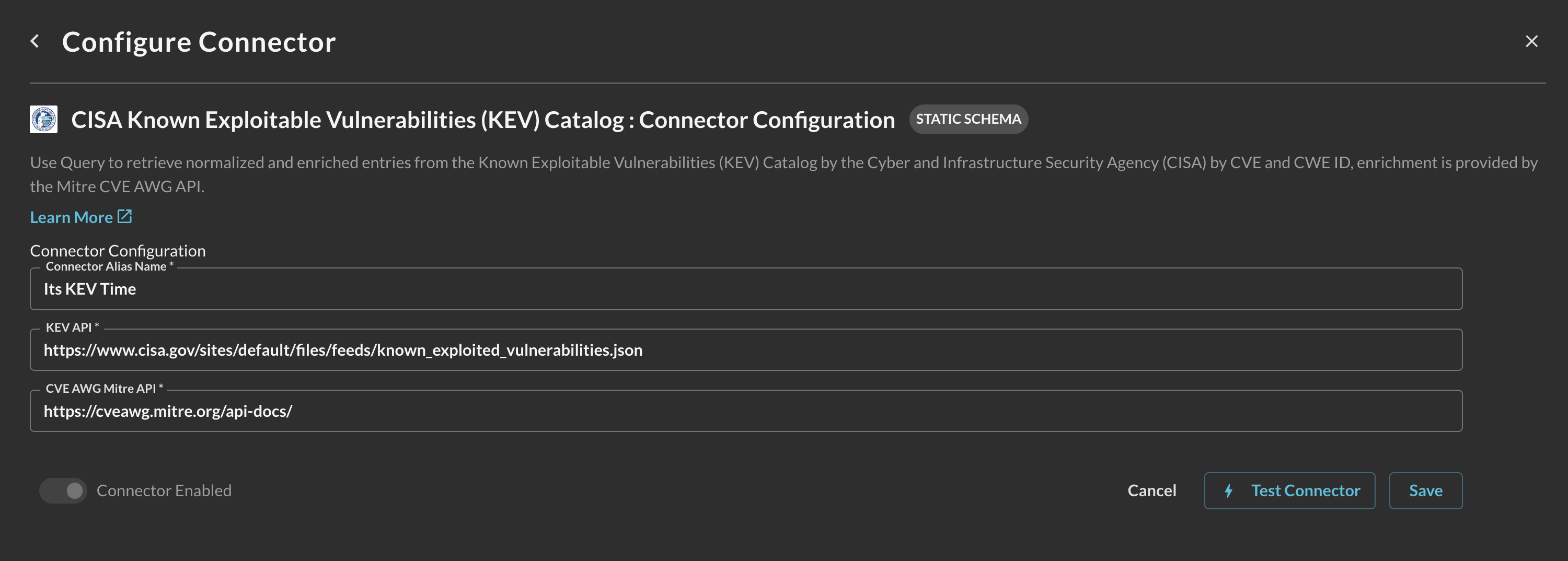 FIG. 2 - Configuring the CISA KEV Catalog Connector