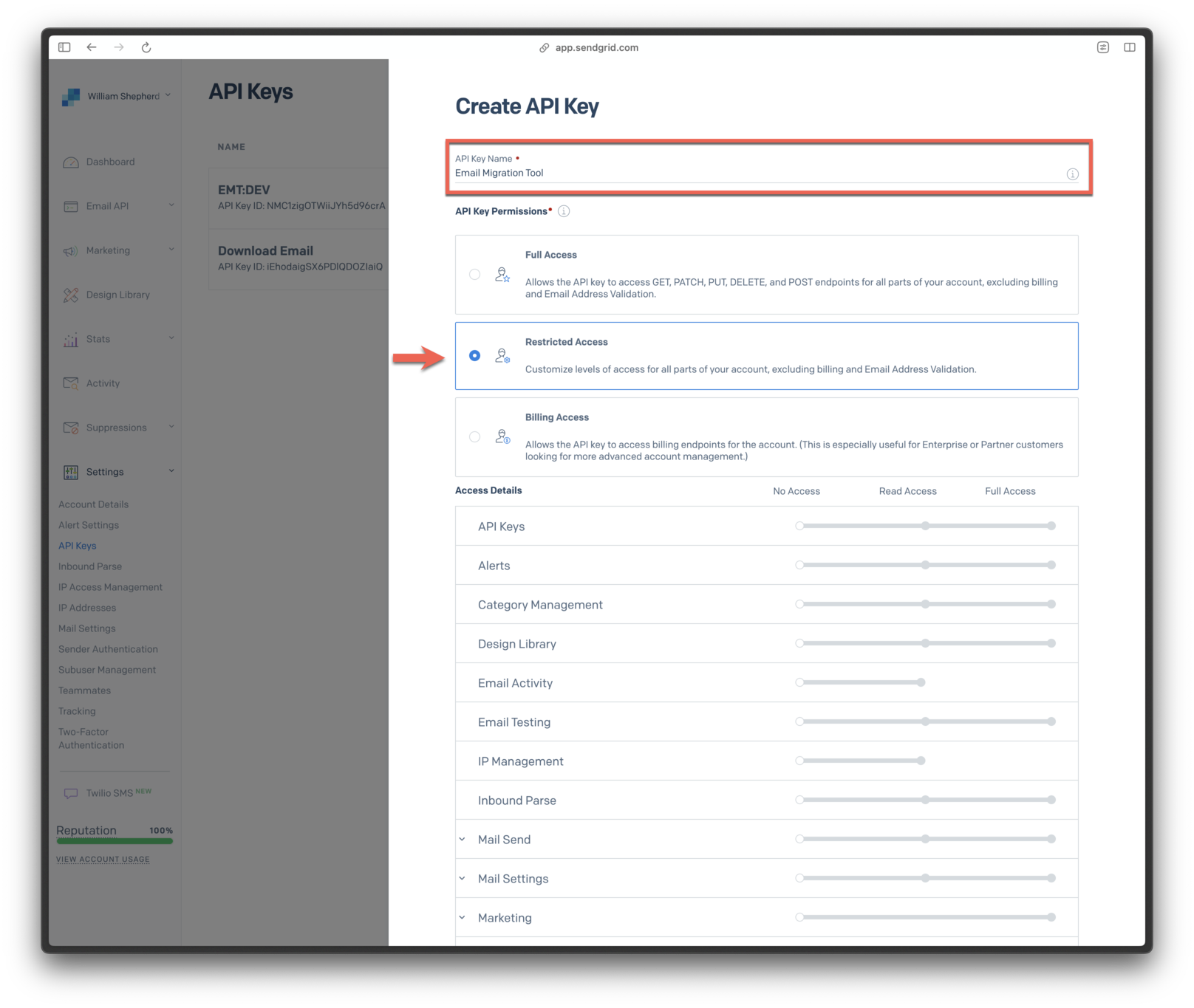 Naming the key and setting permissions