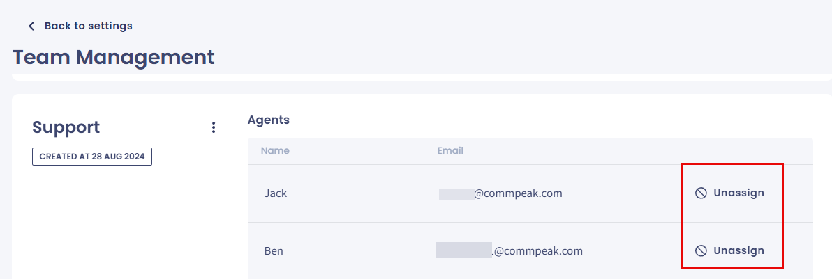 Screenshot of the Unassign agent option
