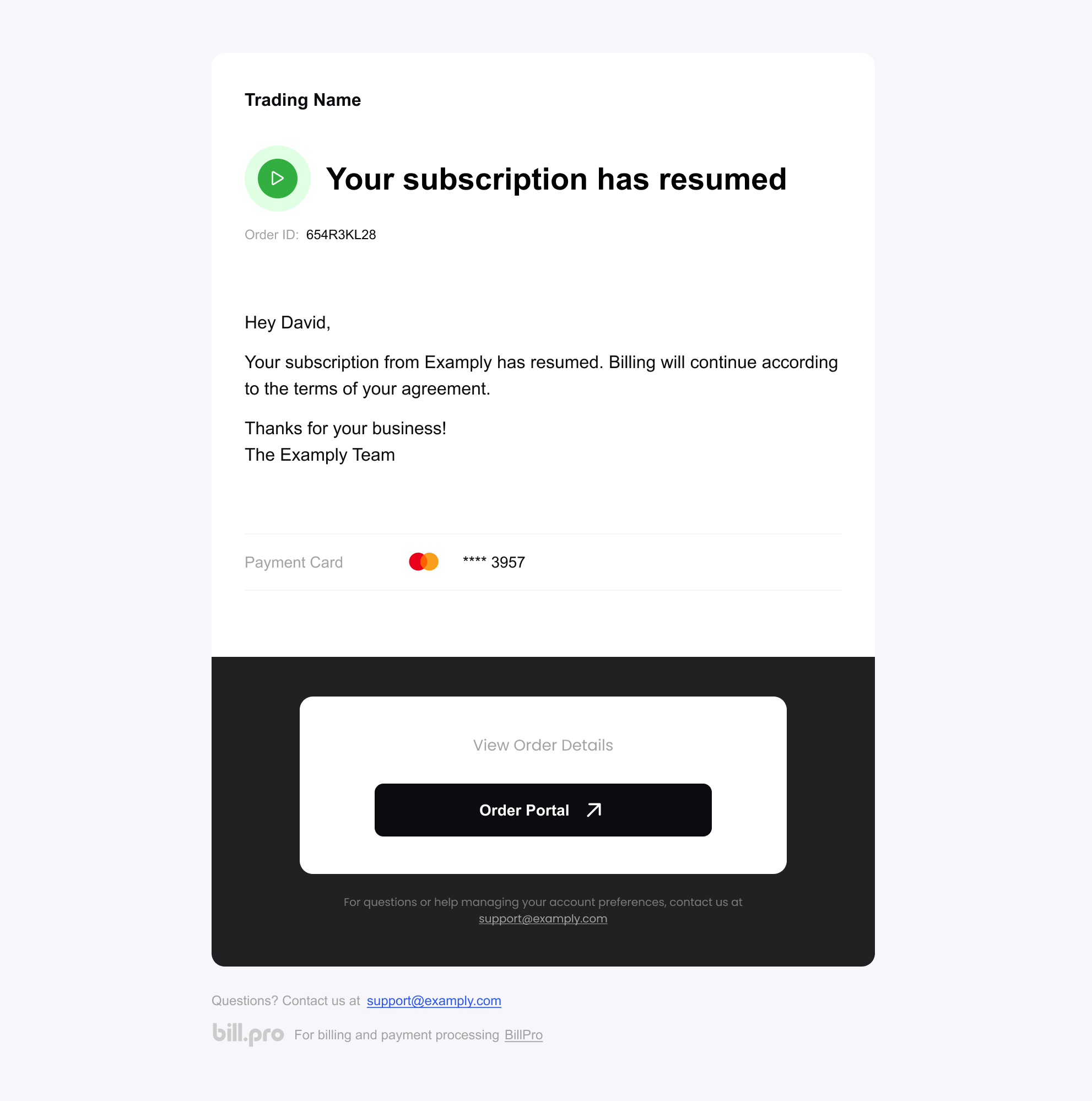 The email notifying that a subscription has been resumed