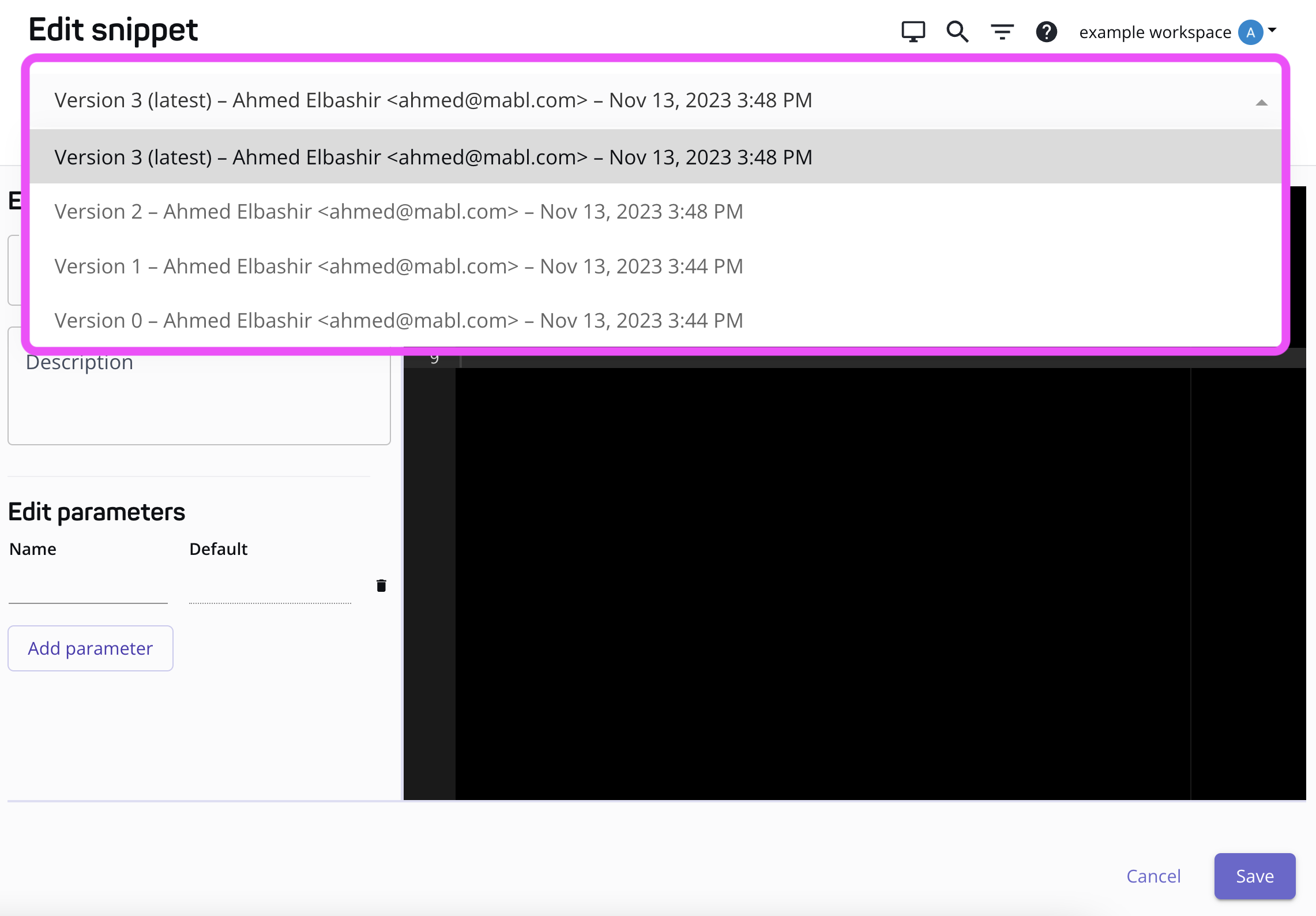 Accessing older versions of a snippet
