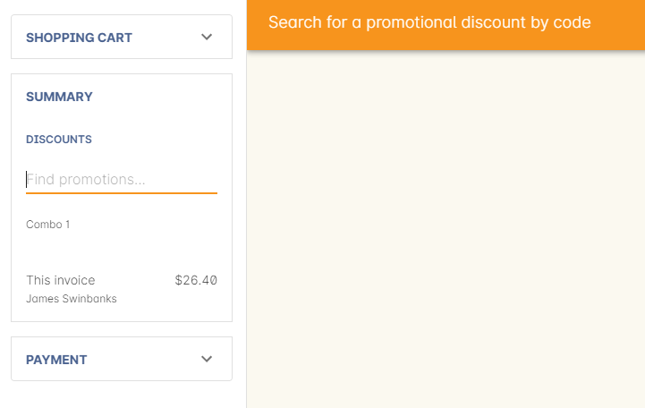 Figure 230. After entering the code, the system will automatically apply any discount matching the code and add it to the Summary. Here the promotion was called Combo 1