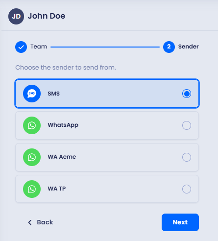 Screenshot of creating  new conversation: selecting sender