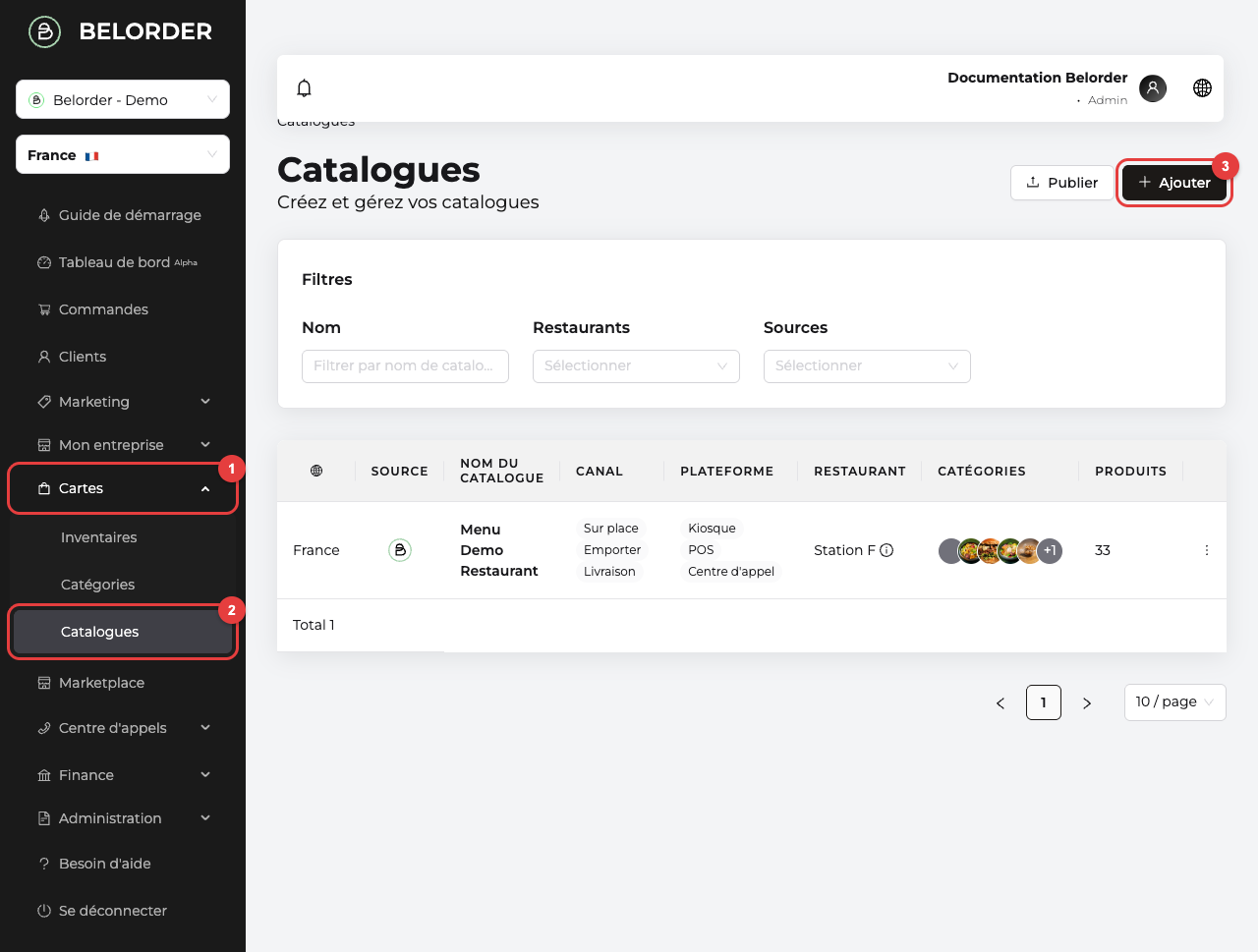 Le menu Cartes déployé dans la barre latérale, avec les sous-menus Inventaires, Catégories et Catalogues, et le bouton Ajouter de la page Catalogues