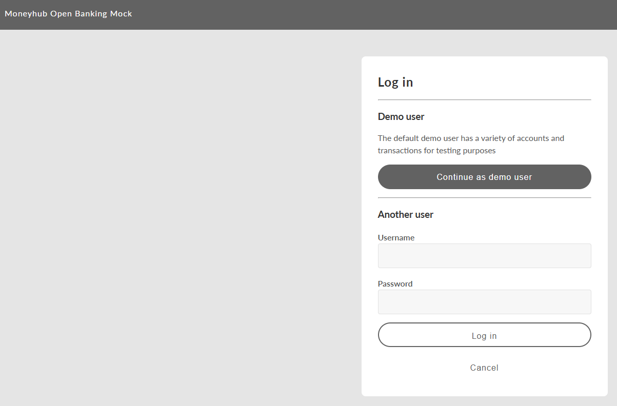 Moneyhub Open Banking Mock login screen