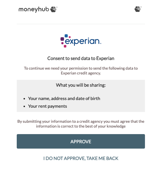 A screenshot showing an exemplar rental consent screen