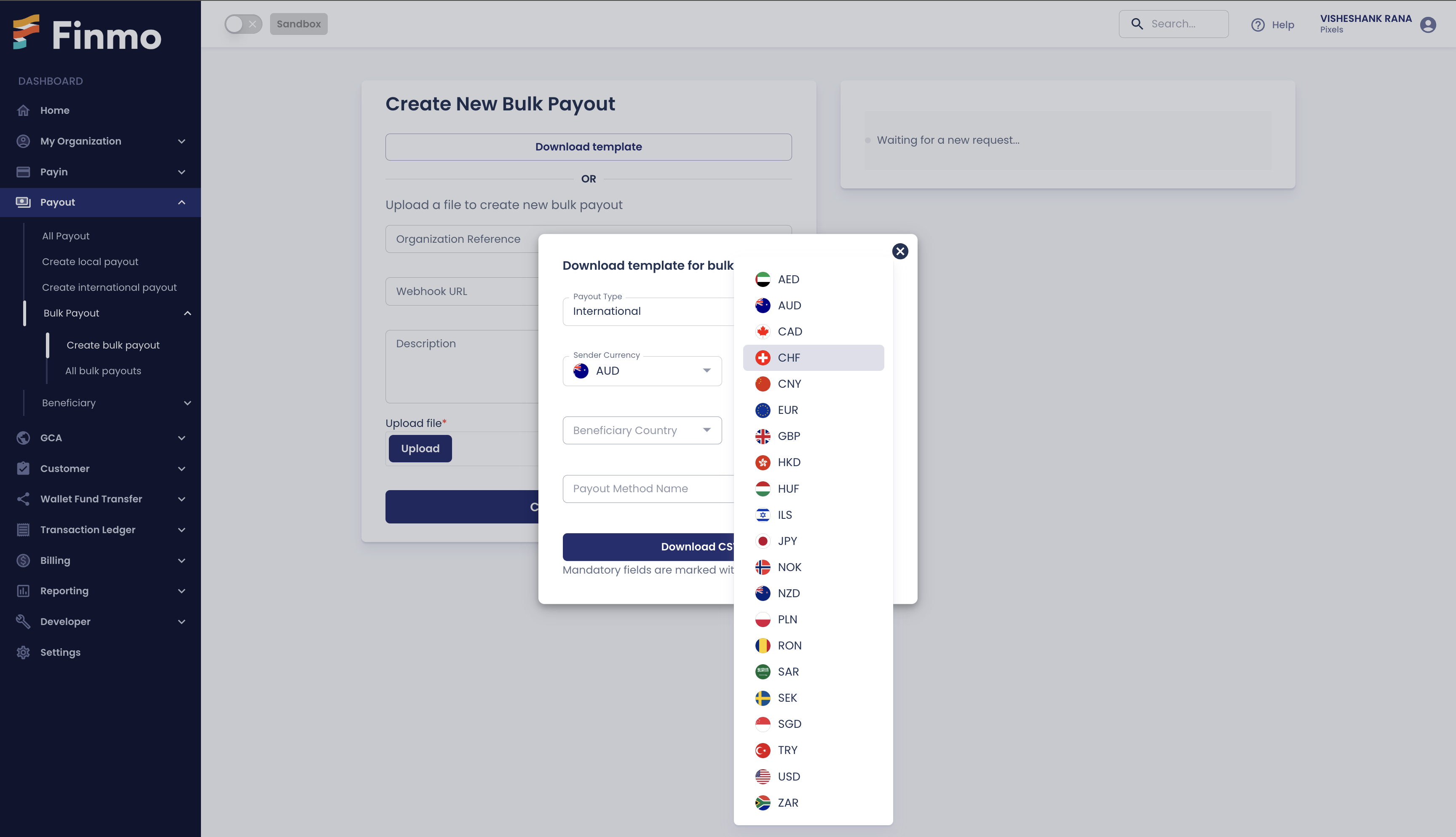 Download the CSV template for International Bulk Payout