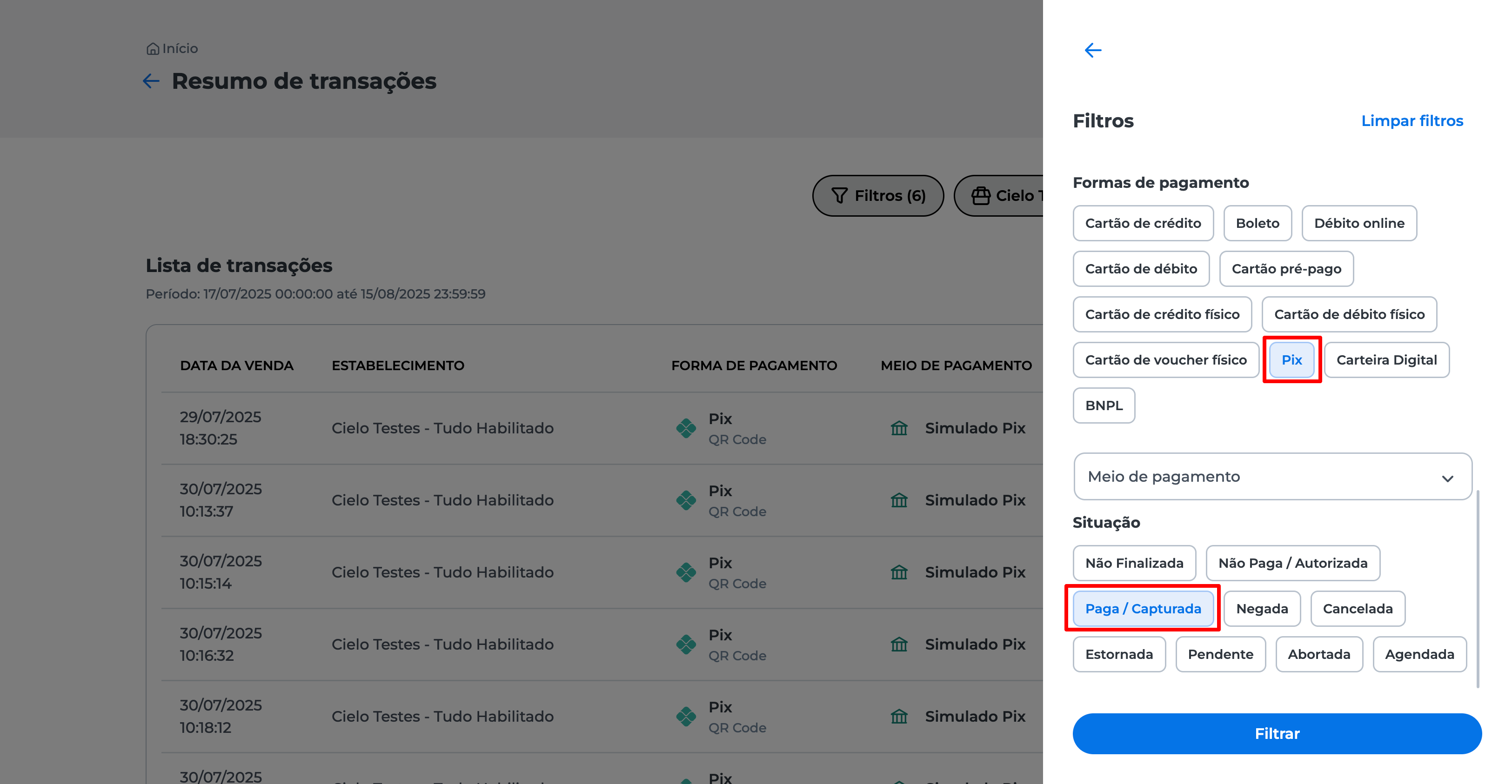 Tela de resumo de transações com filtros aplicados: forma de pagamento "Pix" e situação "Paga/Capturada"; transações listadas para visualização ou ação.