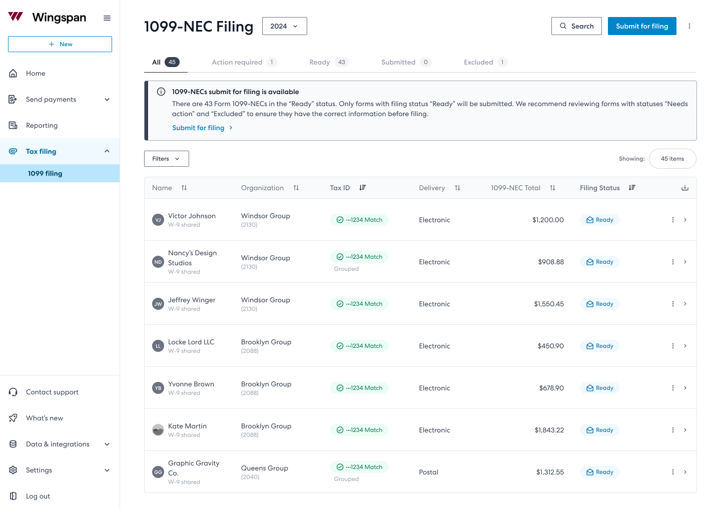 Image showing the Submit for filing button from the 1099-NEC filing dashboard