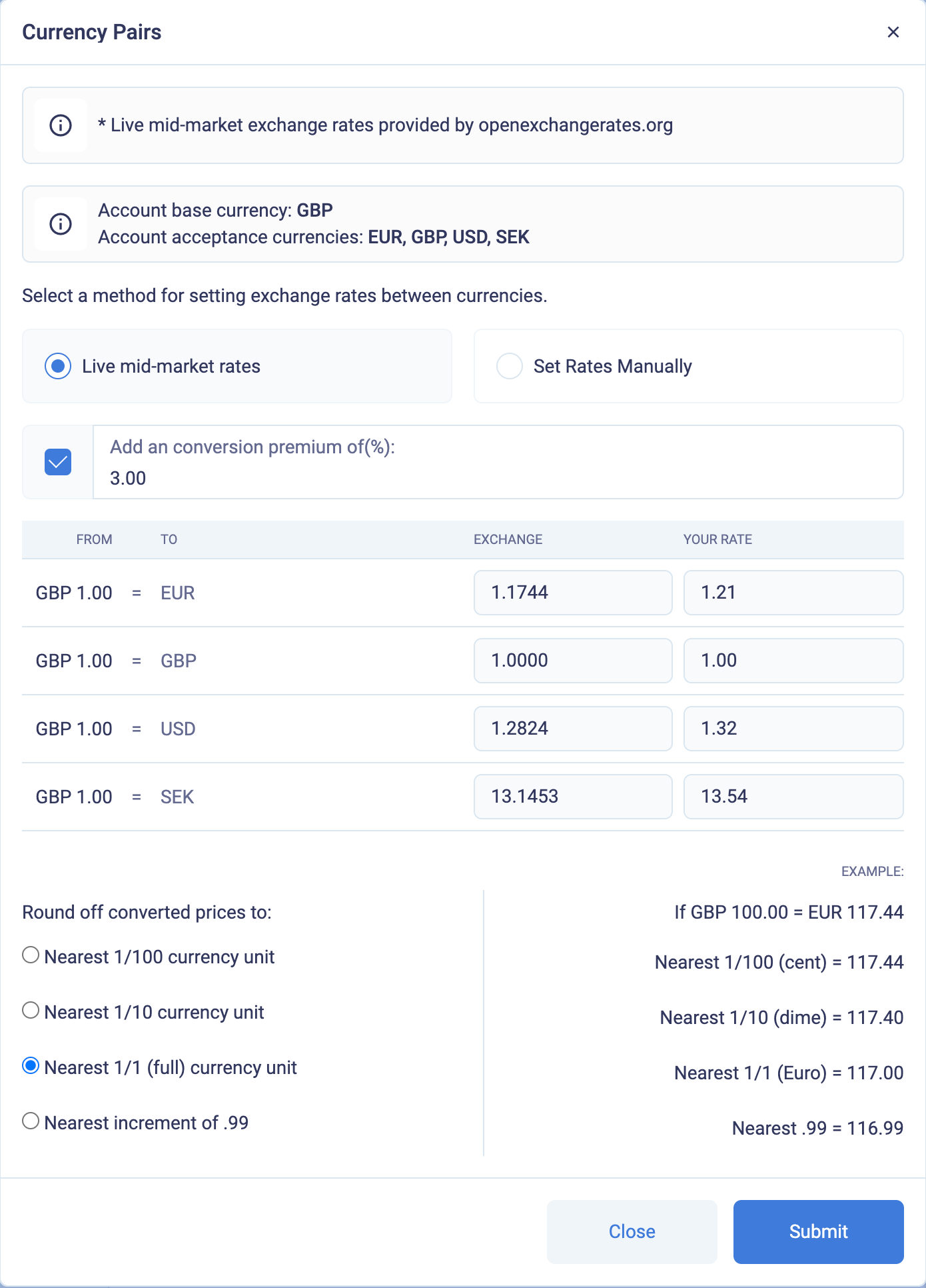 The currency pairs pop-up with rates set automatically