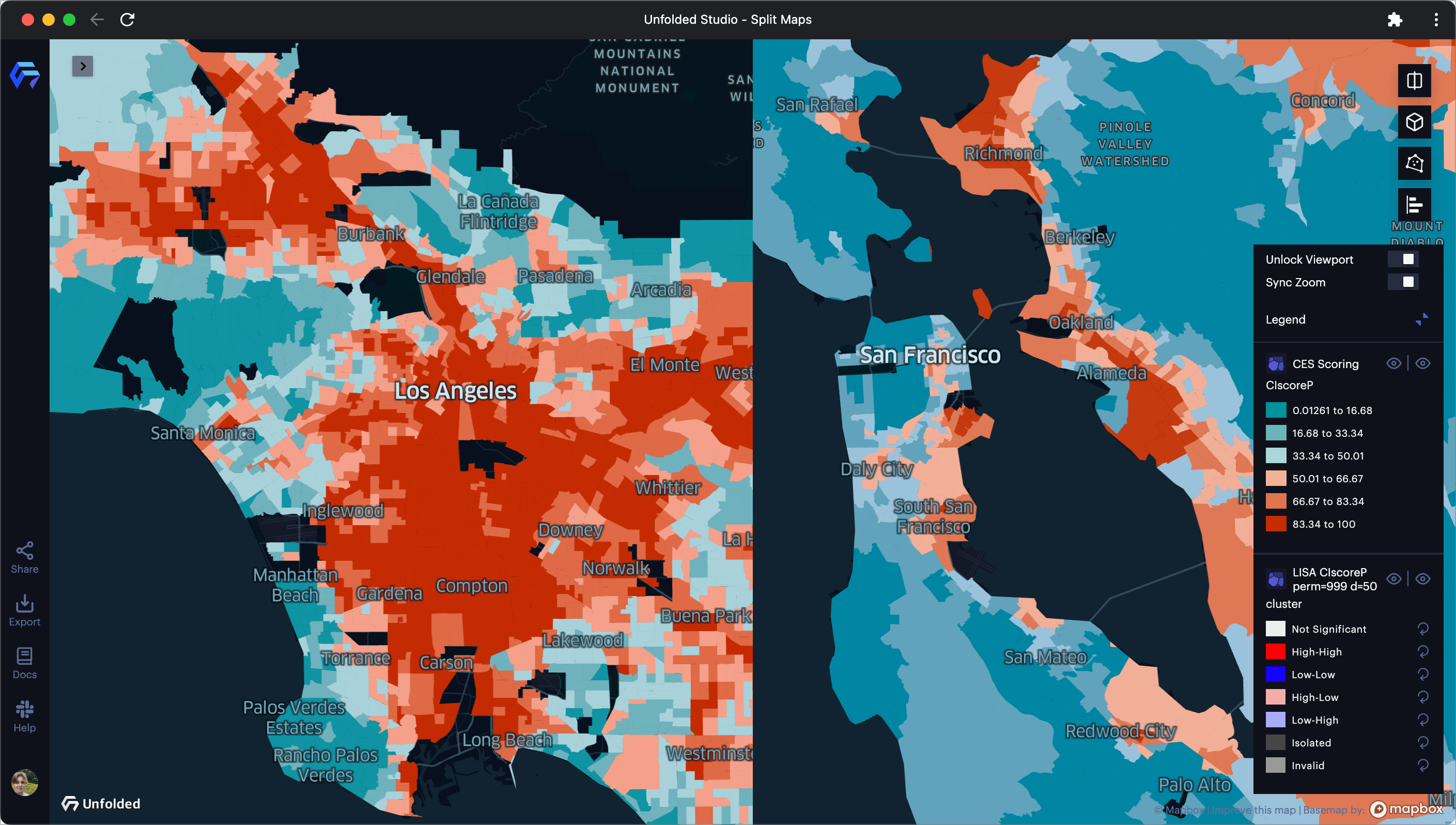 Comparing environment data in SF and LA using split maps with an unlocked viewport.