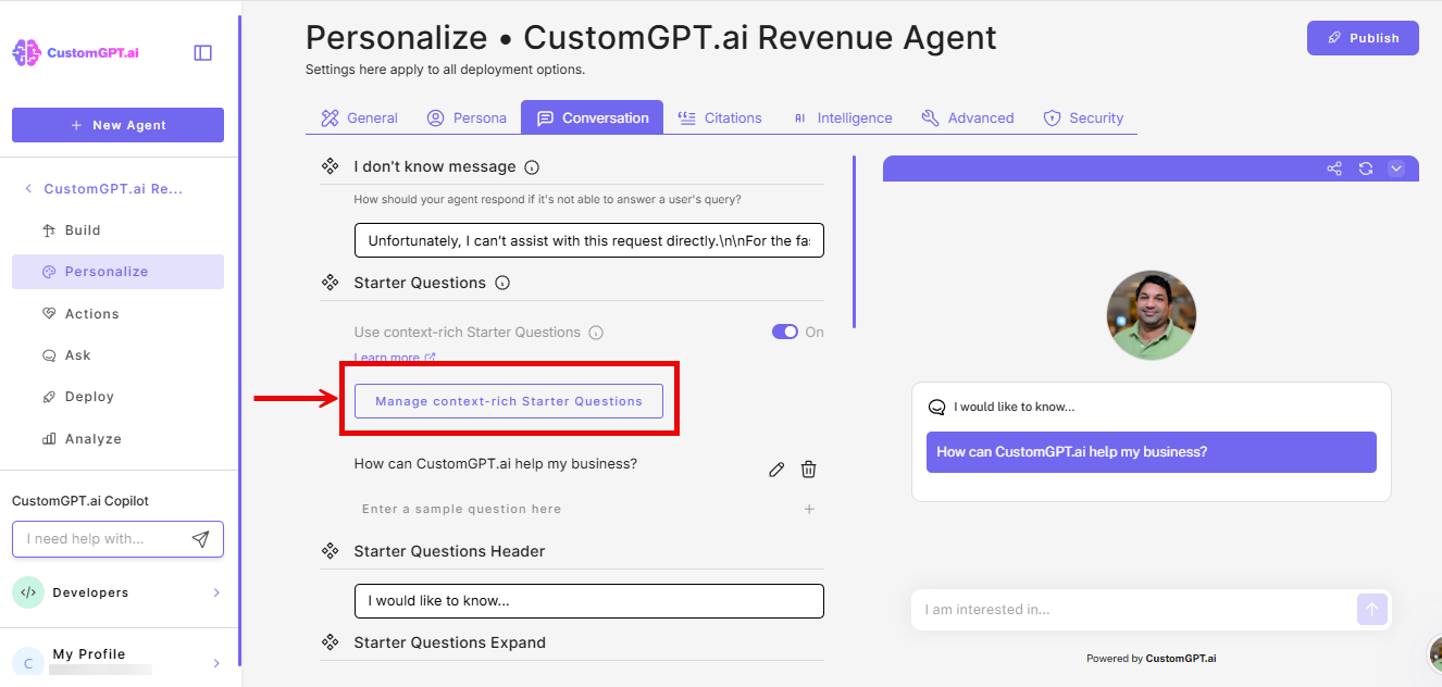 Manage context-rich starter questions button on the conversations tab