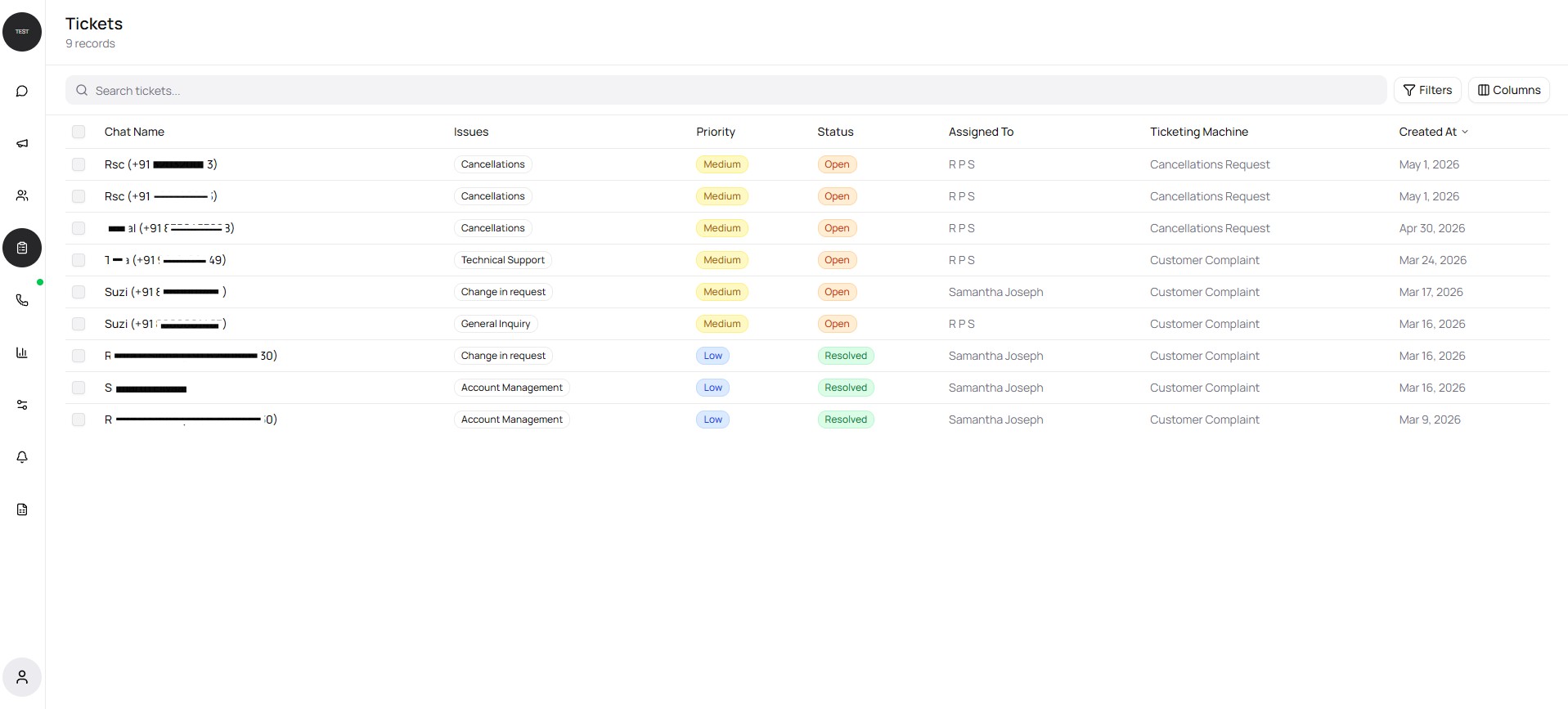 Tickets screen with list of open and resolved tickets list till date