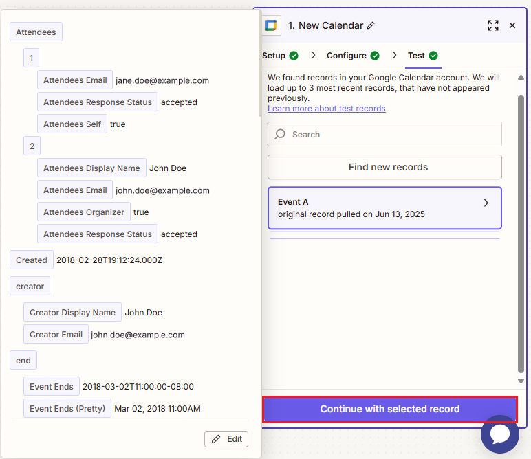 Screenshot of the Continue with selected record option