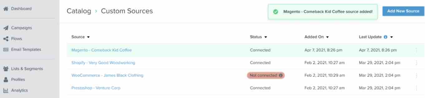 Catalog custom sources page in Klaviyo app with list of sources and Magento Comeback Kid Coffee source success button in green