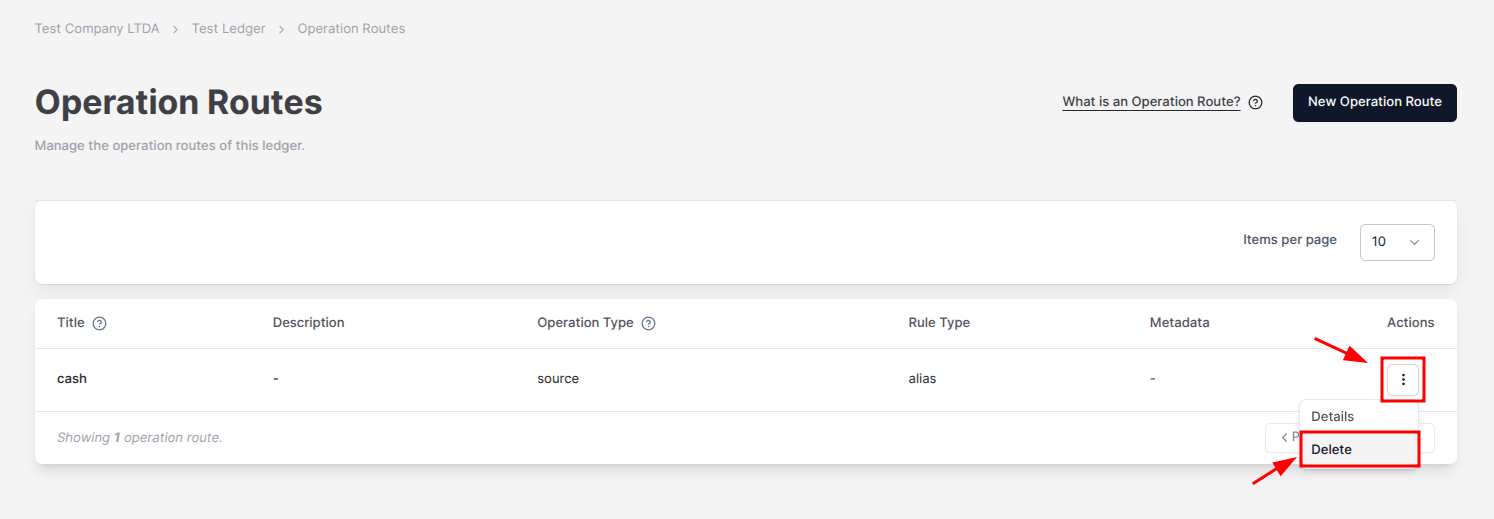 Figure 1. The option to delete an Operation Route on the Actions menu.