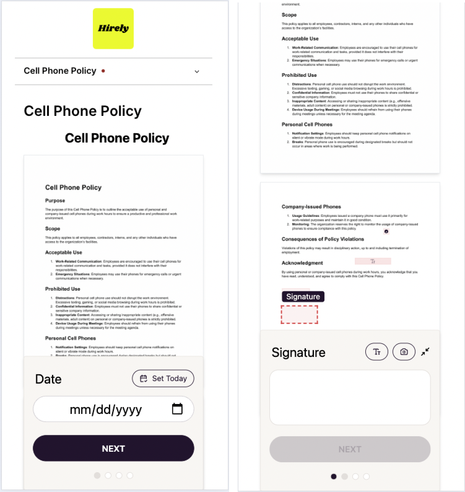 In this example, this worker is prompted to complete fields and sign a given Cell Phone Policy 