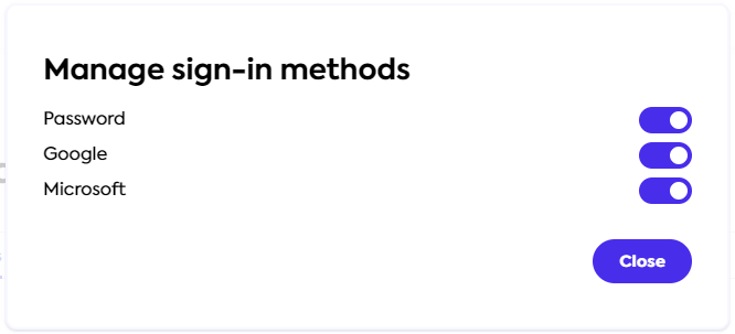 *Manage sign-in methods* dialog.