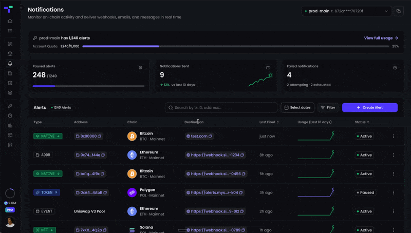 Blockchain Notifications UI in Tatum Dashboard
