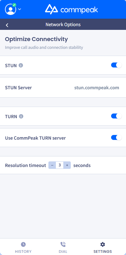 Enabling TURN protocol settings using CommPeak TURN server