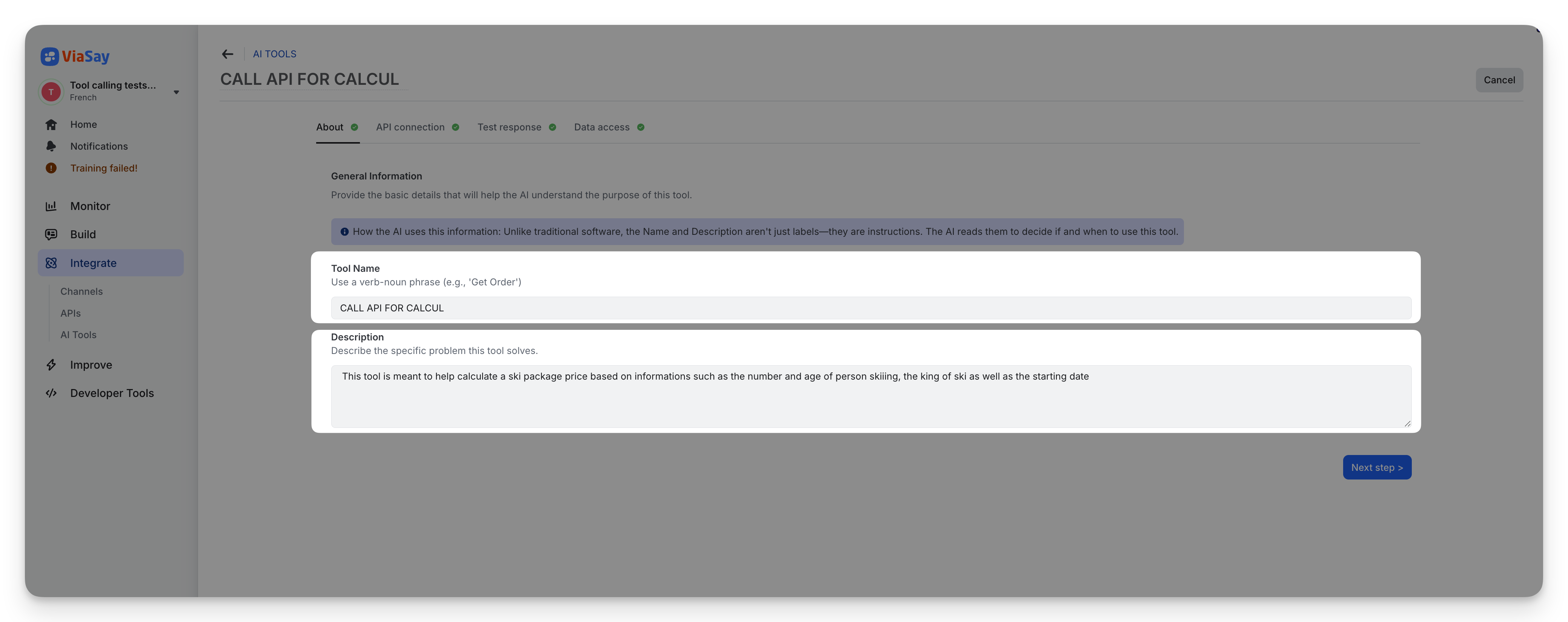 About step — tool name and description