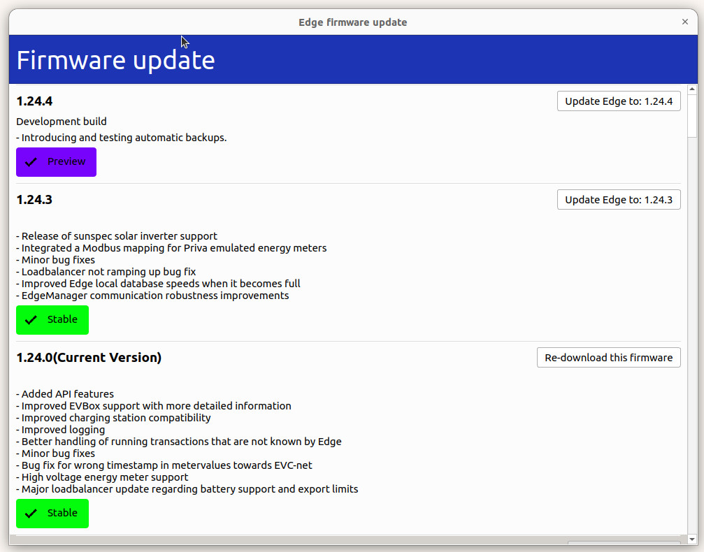 Firmware version selection window