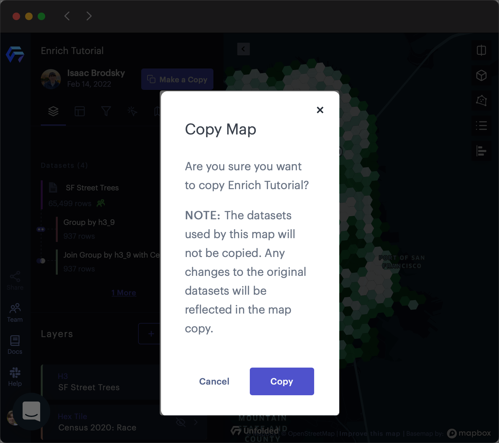 The Copy Map confirmation window in Foursquare Studio.