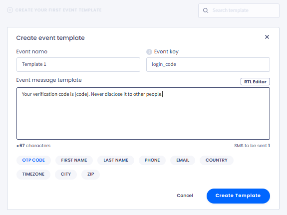 Screenshot of the **Create event template** section