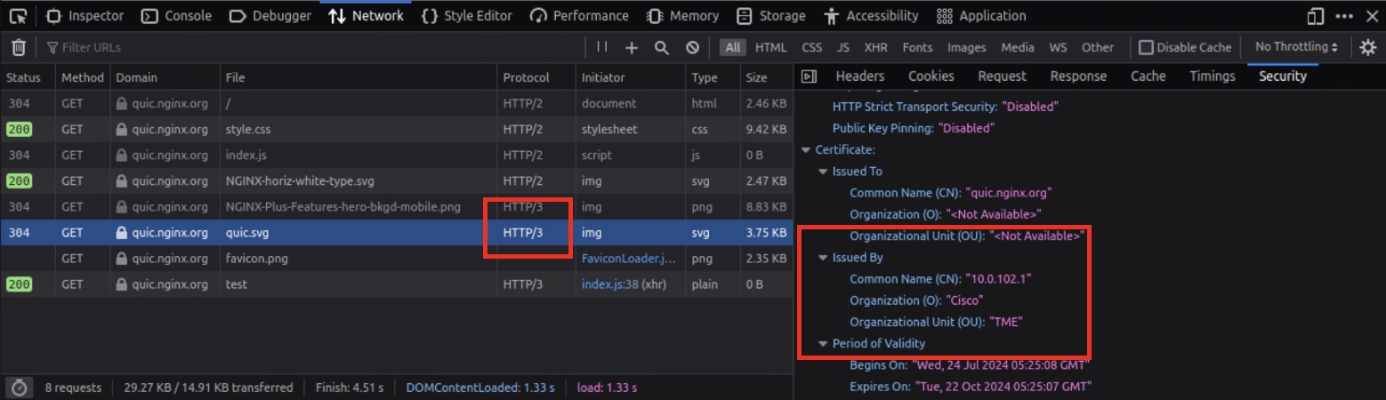 Confirming certificate issuer and protocol within Web Inspector panel.